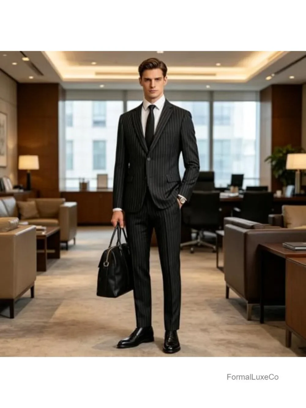 Men's Pinstripe 2 Piece Suit Slim Fit Tuxedo Casual Dress Set for Business